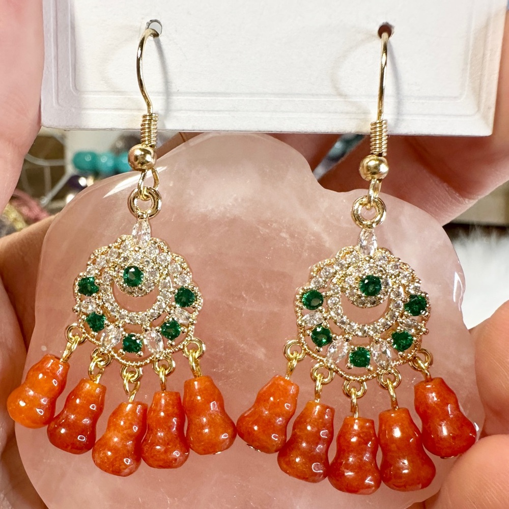 Red Jade Dangle Earrings 1.9 inches long - Picture 4 of 4
